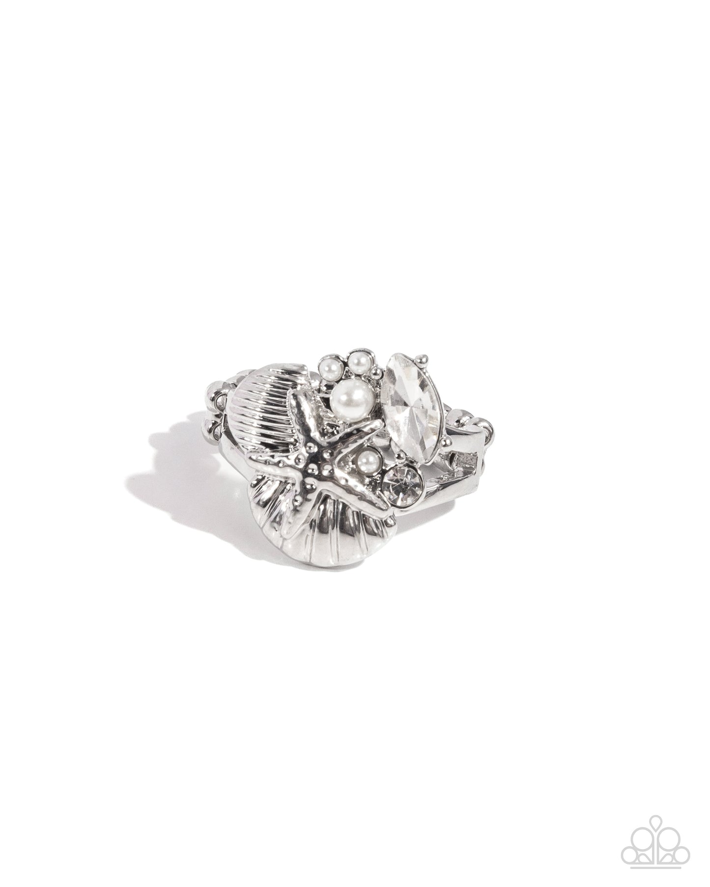 Beachy Bevvy - White Gem & Pearl, Silver Seashell, Starfish Beach Theme Ring Paparazzi R0728