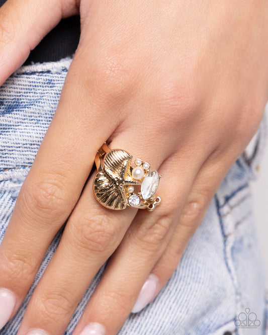 Beachy Bevvy - Gold Starfish White Pearl Beach Vibe Ring Paparazzi R0756