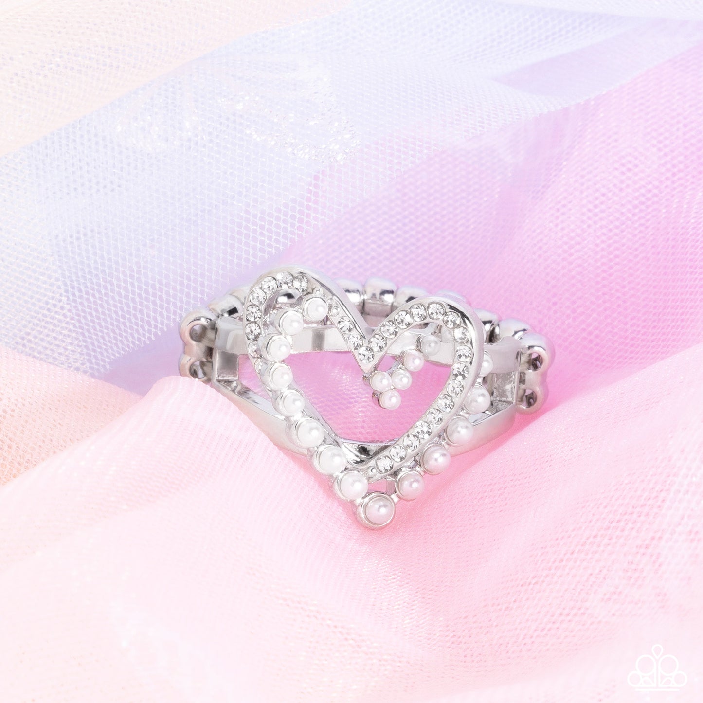 Just a Crush - White Pearl & Rhinestone Silver Heart Ring Paparazzi R0902