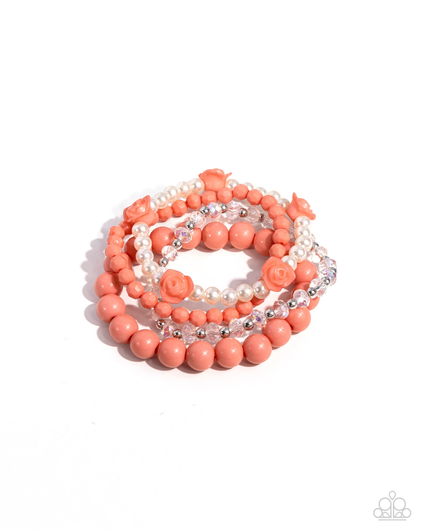 Rosy Retrospection - Orange Desert Flower Rosette & Faceted Bead Stretch Set of 4 Bracelets Paparazzi B1738