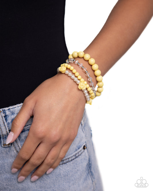 Rosy Retrospection - Yellow Lemon Drop Rosette, Silver, White Pearl Bead Set of 4 Bracelets Paparazzi B1773