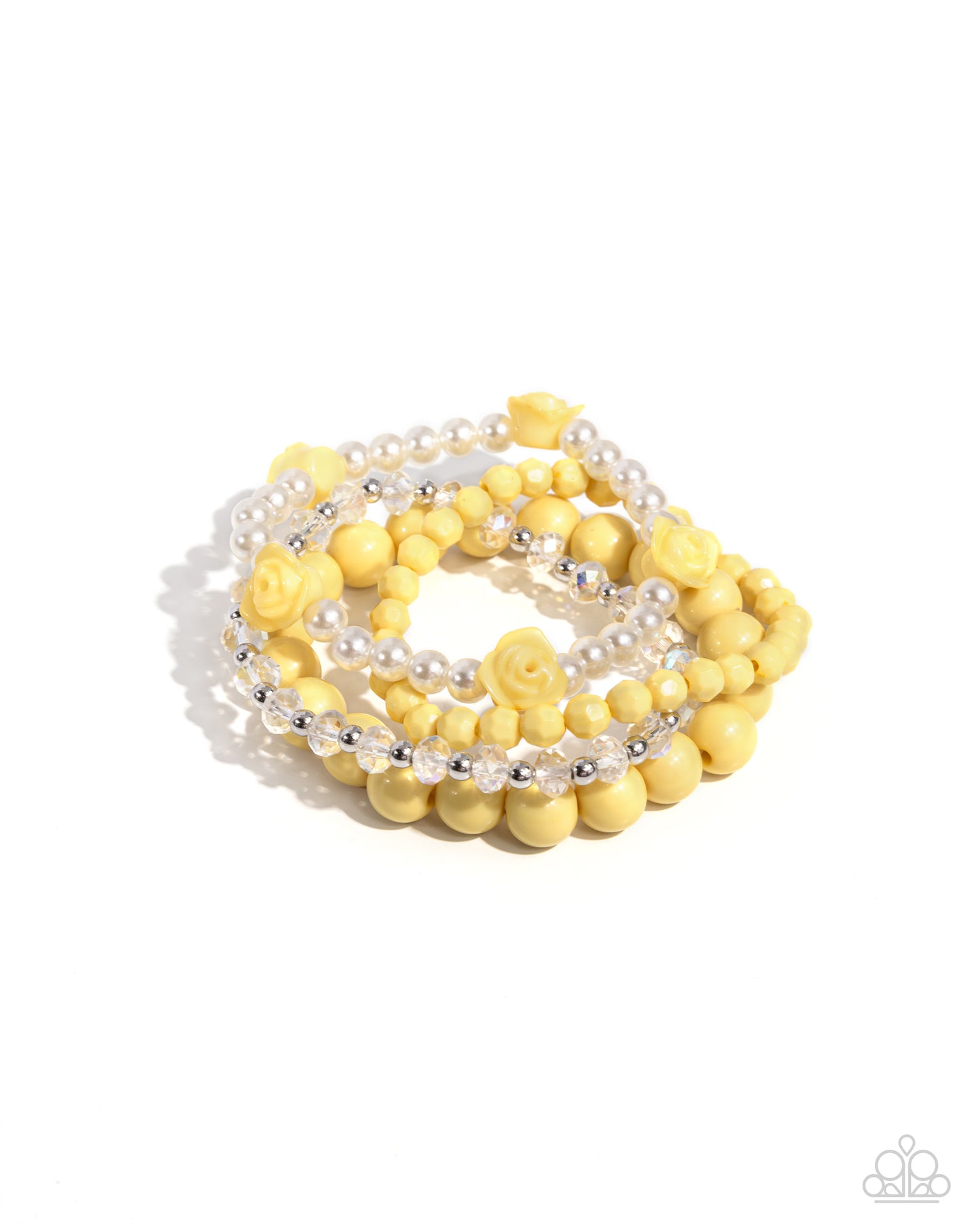 Rosy Retrospection - Yellow Lemon Drop Rosette, Silver, White Pearl Bead Set of 4 Bracelets Paparazzi B1773