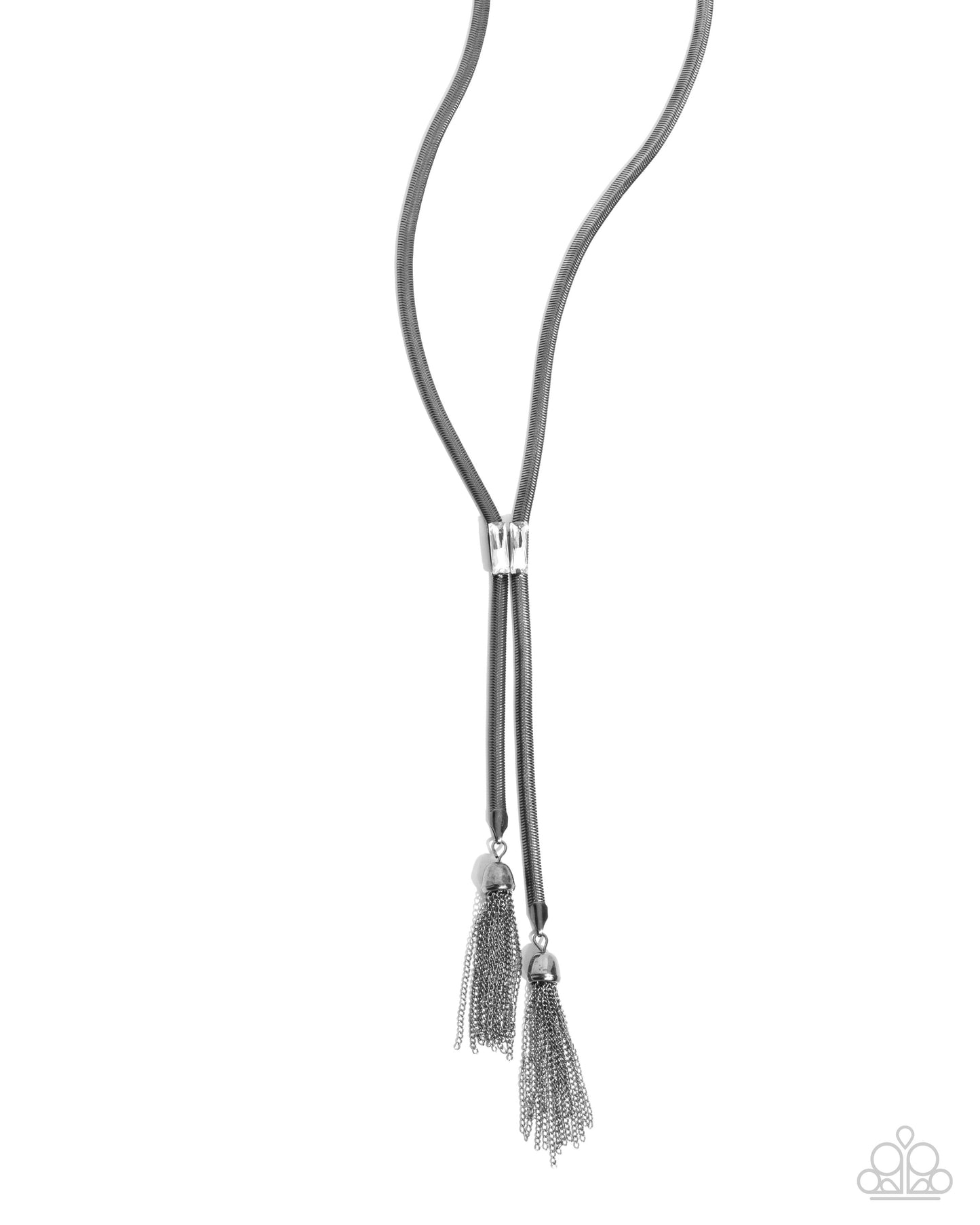 Tassel Thrill - Black Gunmetal Herringbone Chain, White Gem Tassel Necklace Paparazzi N2582