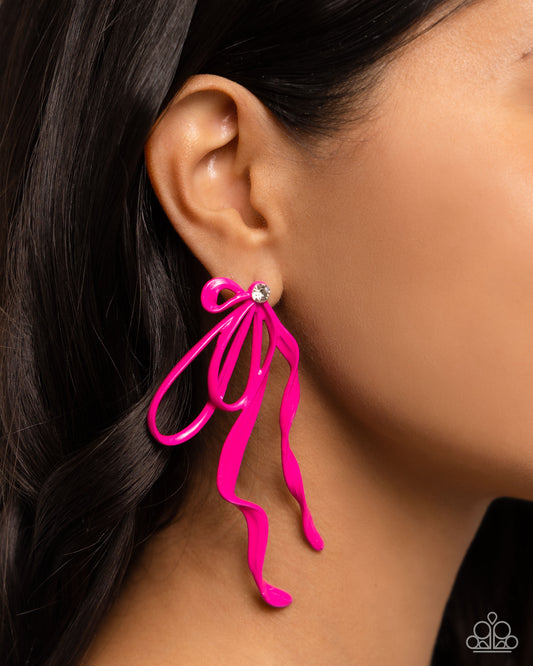 Trendy Tapestry - Pink Peacock Loopy Bow White Gem Earring Paparazzi E2264