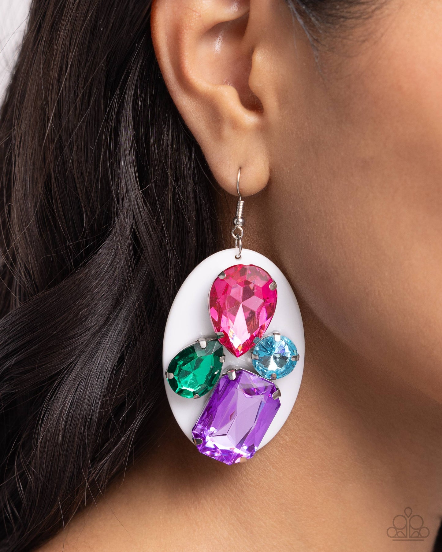 Attention Grabber - White Acrylic Oval, Multicolored Gem Earring Paparazzi E2247