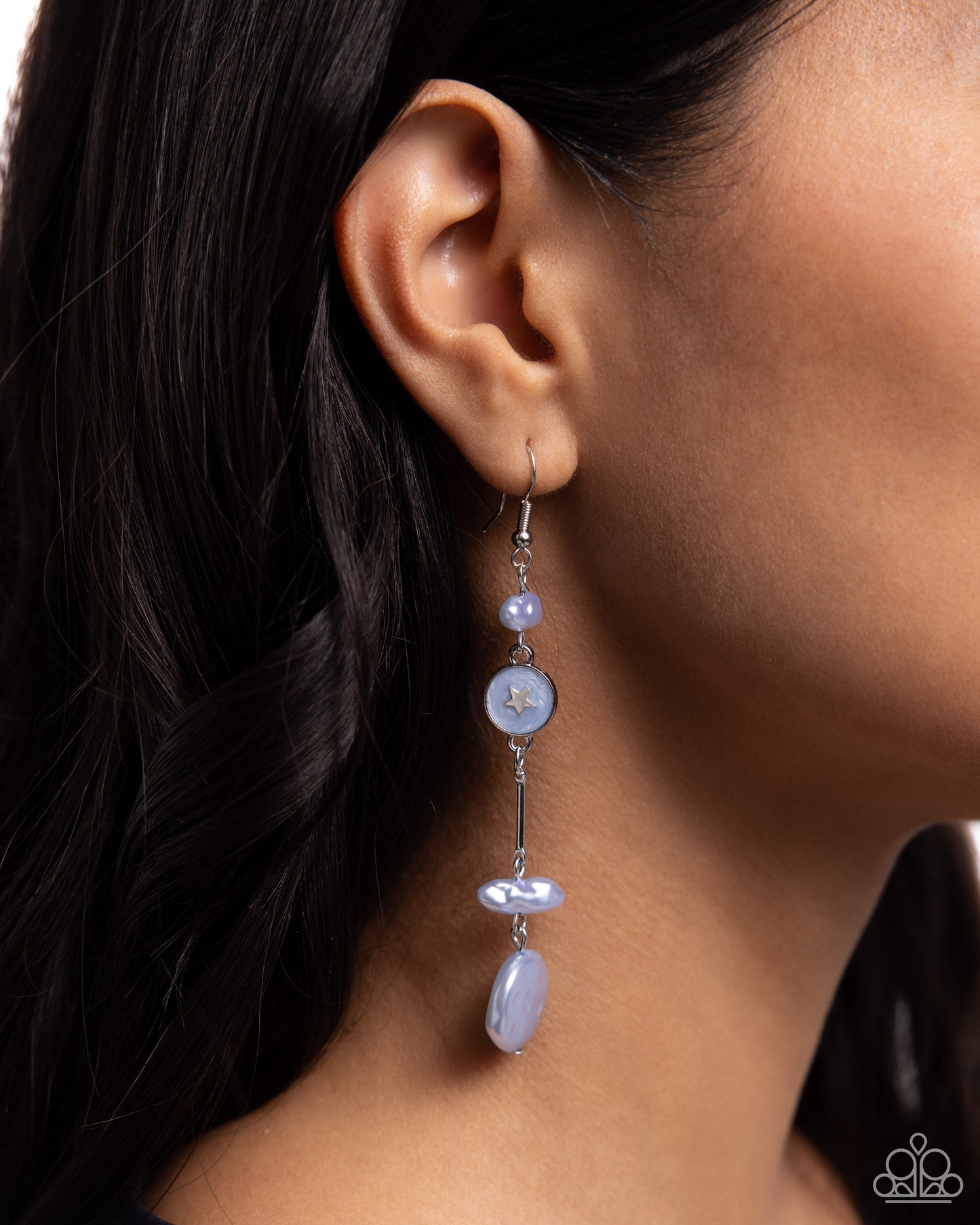 Blissful Balance - Blue Baroque Chambray Pearl, Painted Moon & Star Earring Paparazzi E2187