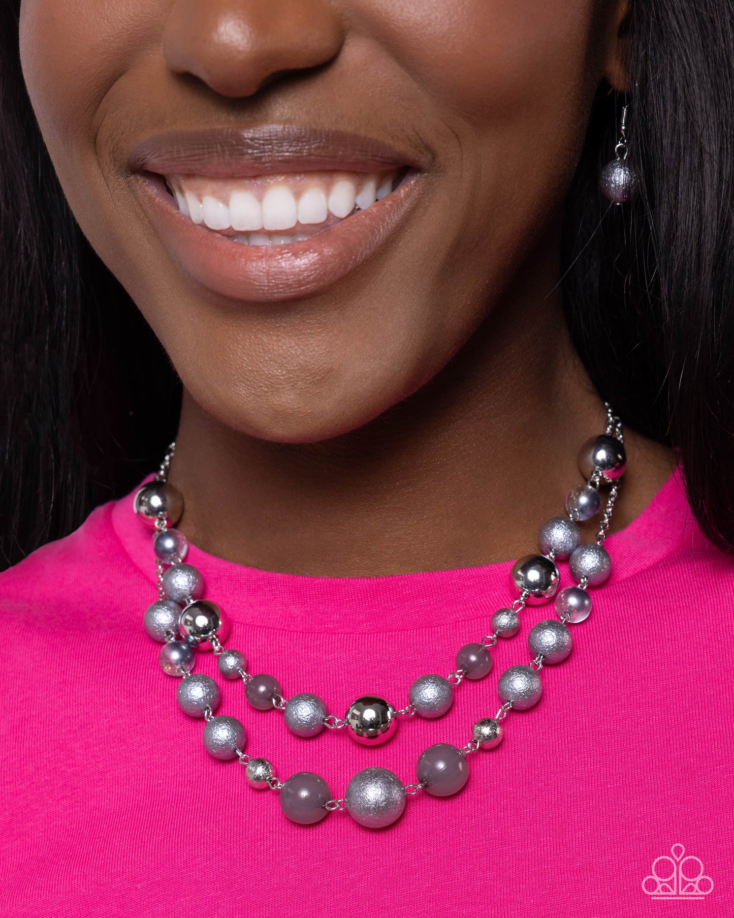 Beaded Benefit - Silver Quiet Shade Milky, Clear, & Glittery Bead Layered Necklace Paparazzi N2443