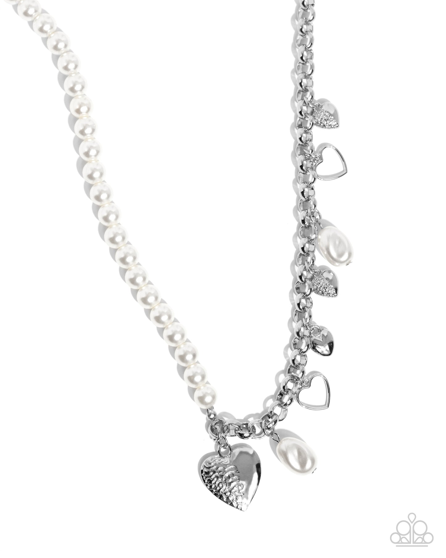 Charming Competitor - White Pearl Silver Heart Charm Necklace Paparazzi N2313