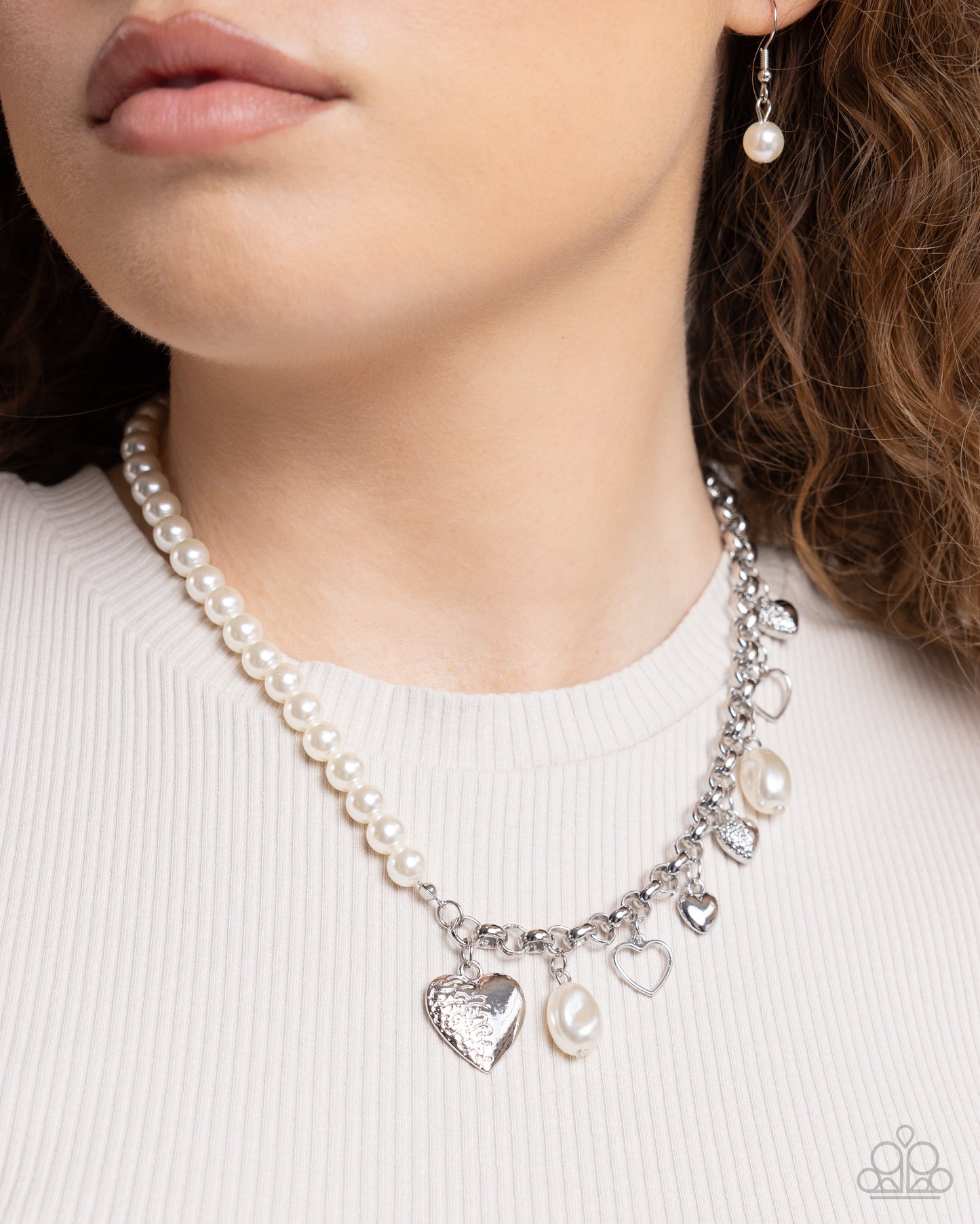 Charming Competitor - White Pearl Silver Heart Charm Necklace Paparazzi N2313