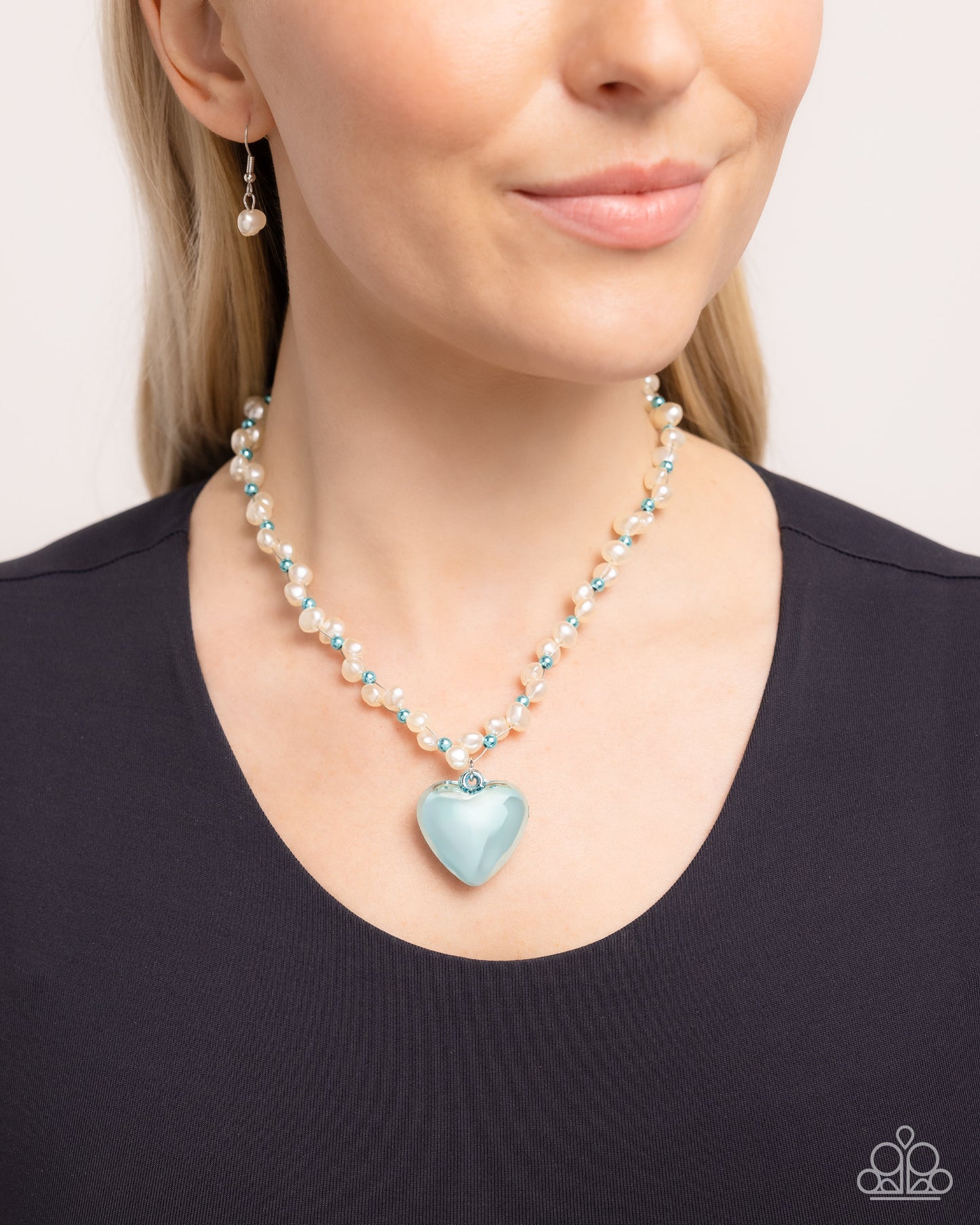 Mermaid Model - Blue Shimmer Heart With Capri & Baroque White Pearl Necklace Paparazzi N2386