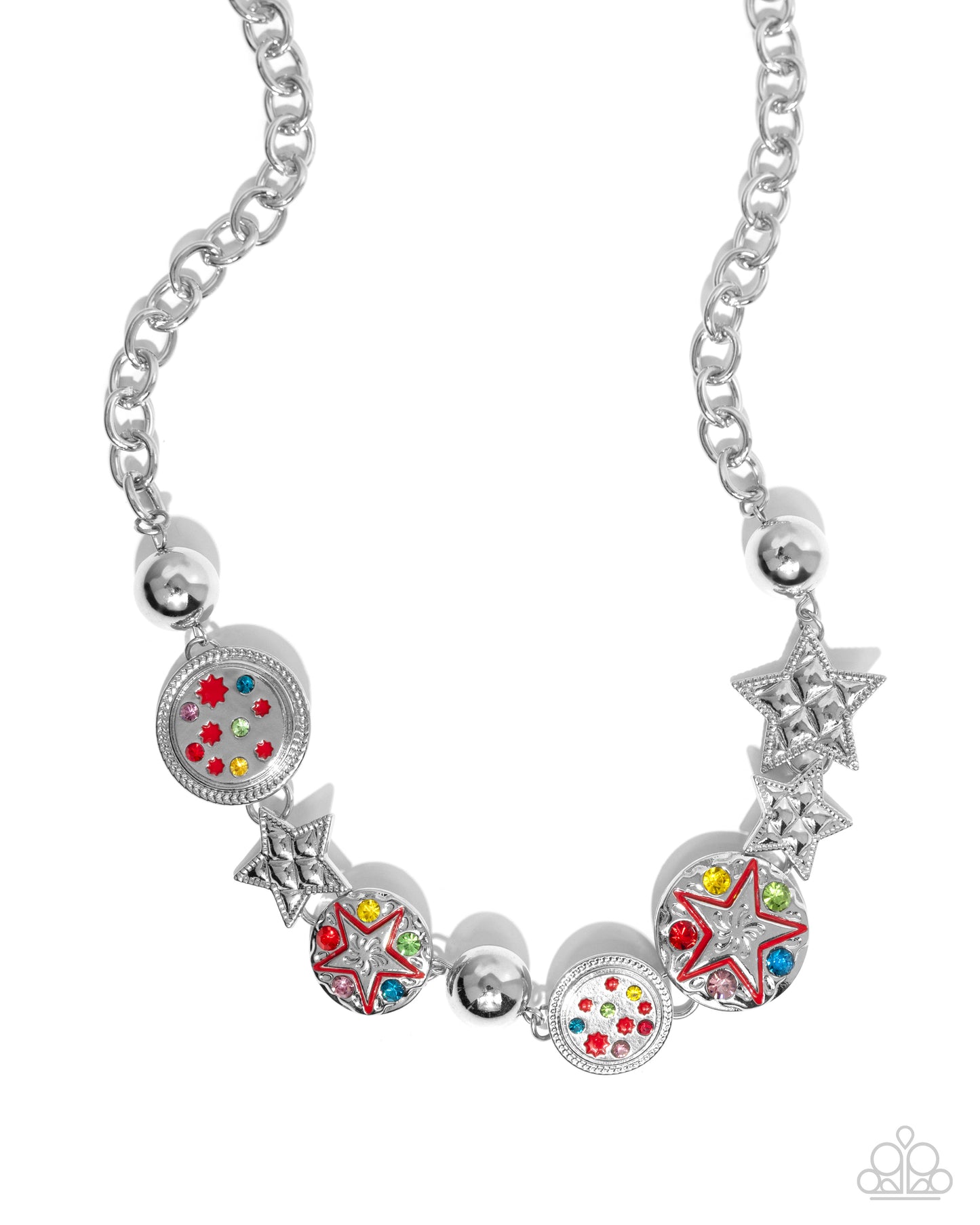 Starry Shopaholic - Red Painted Silver Star, Multicolored Rhinestone and Gem Necklace Paparazzi N2420