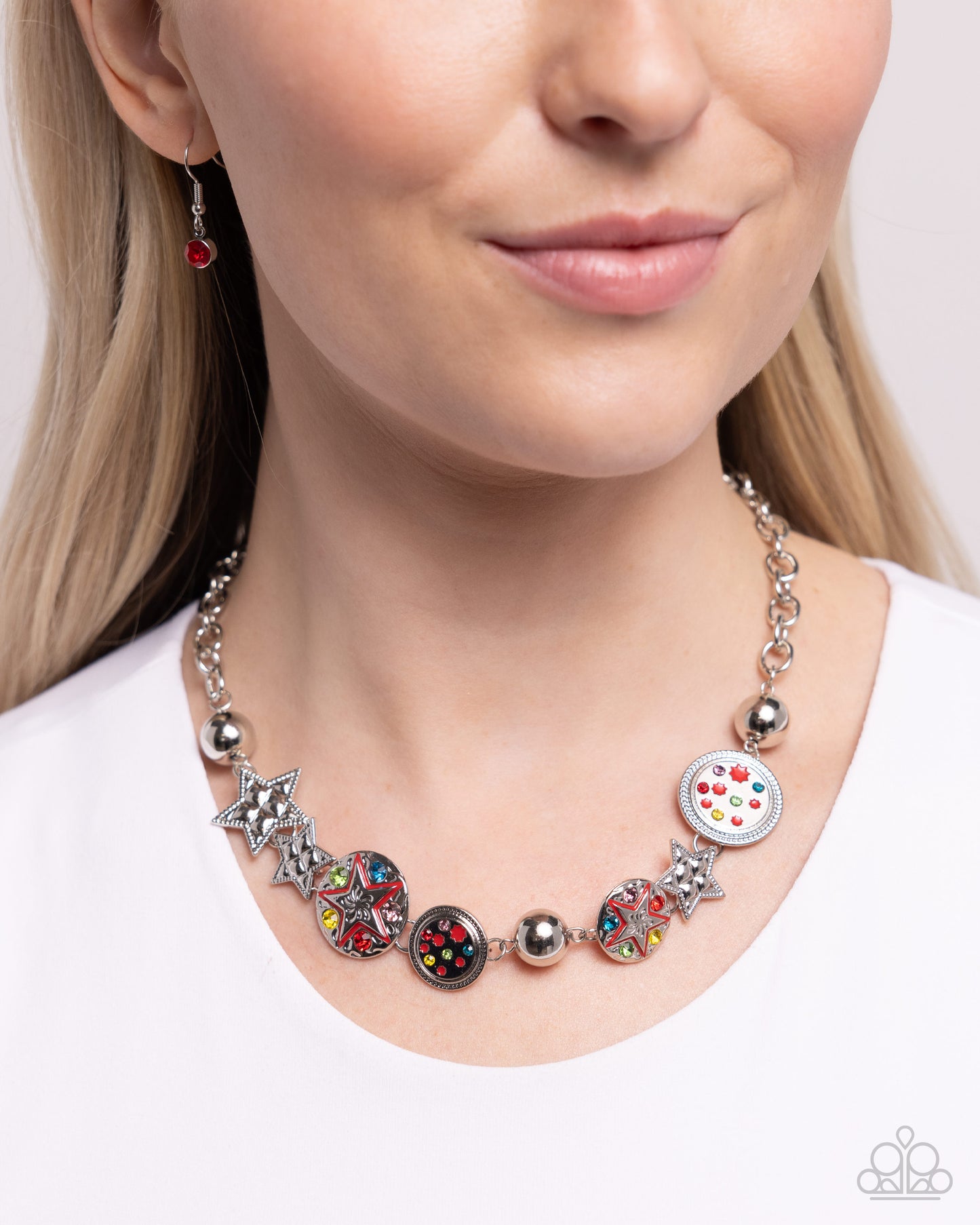 Starry Shopaholic - Red Painted Silver Star, Multicolored Rhinestone and Gem Necklace Paparazzi N2420