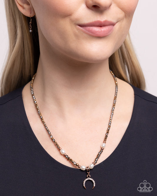 Trendy Trenchant - Copper Bead, Baroque White Pearl & Shiny Copper Crescent Moon Charm Necklace Paparazzi N2486