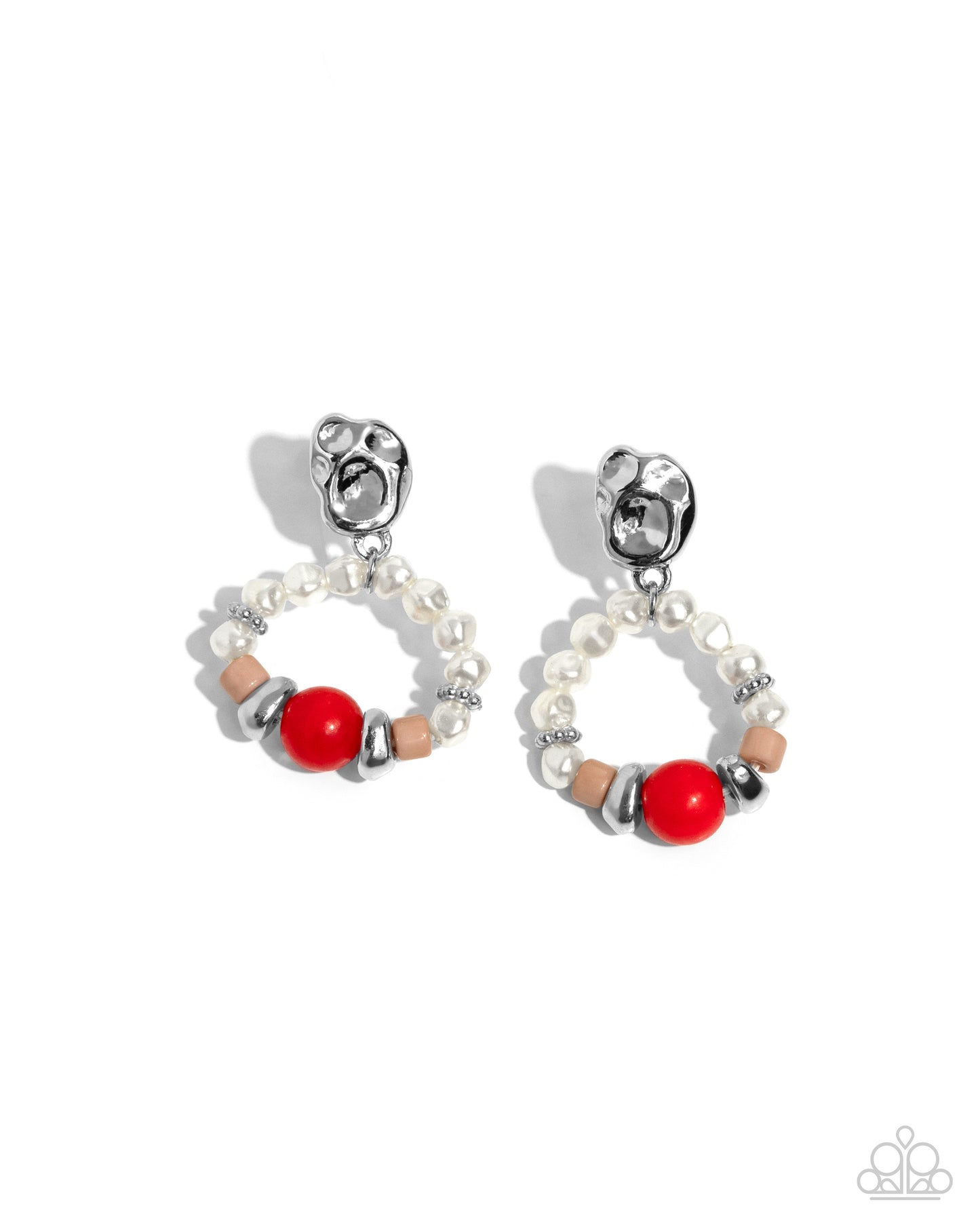 Swirl Selfie - Red Bead, White Baroque Pearl Wreath Earring Paparazzi E2241