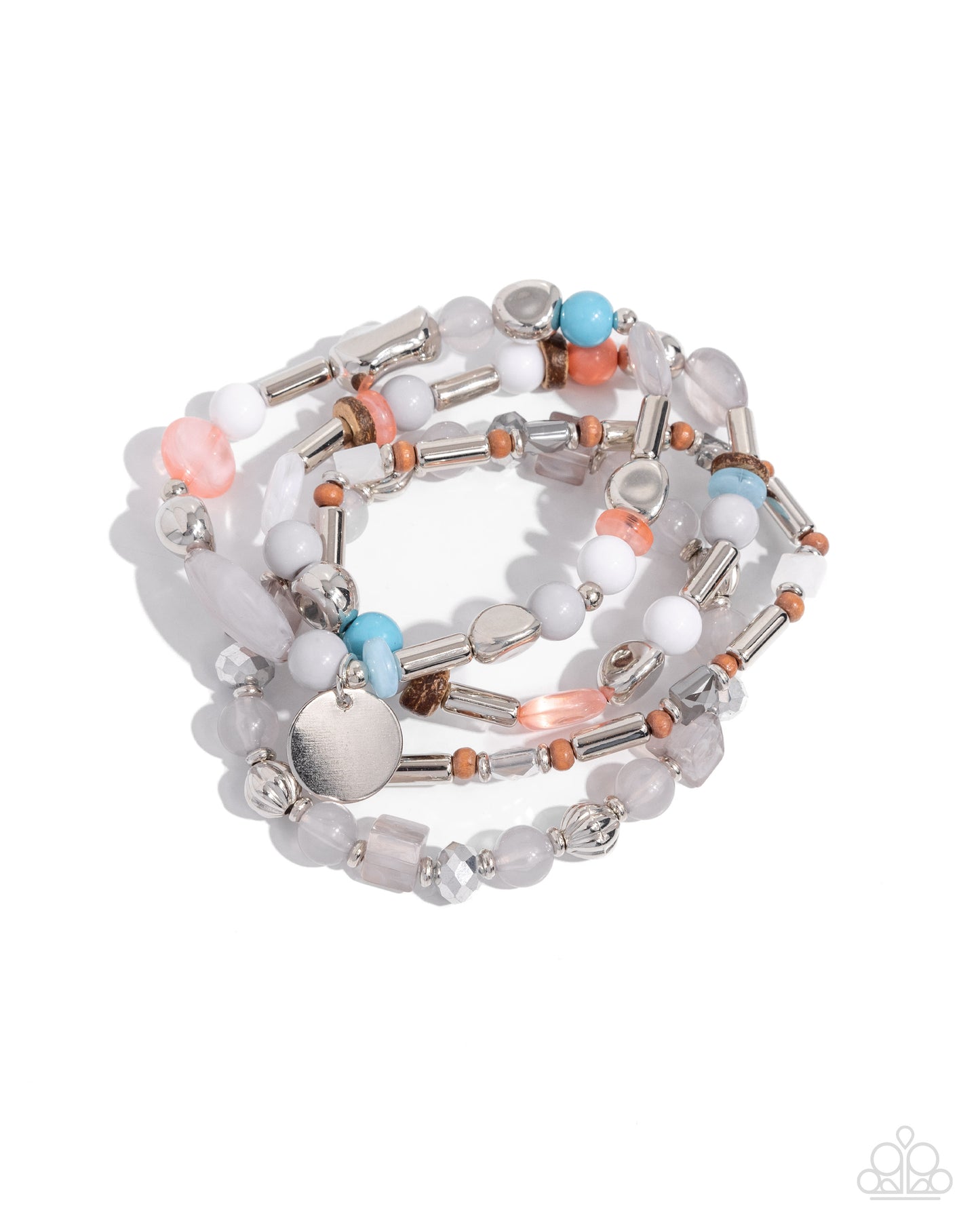 Cloudy Chic - Silver Northern Droplet, Desert Flower, Capri Blue Bead Stretch Bracelet Stack Set of 4 Paparazzi B1687