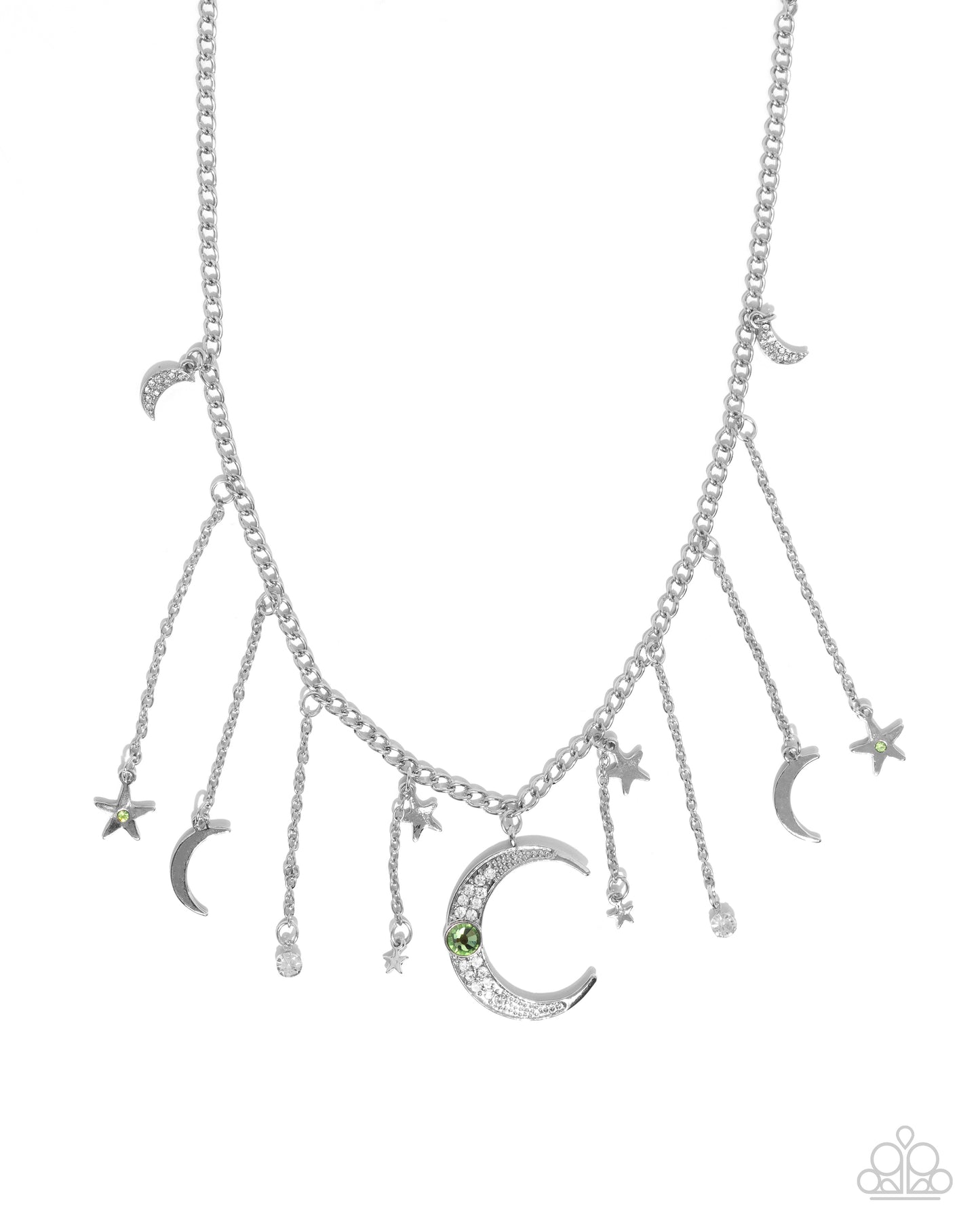 Stellar Selection - Green Rhinestone, Silver Crescent Moon Charm Necklace Paparazzi N2555