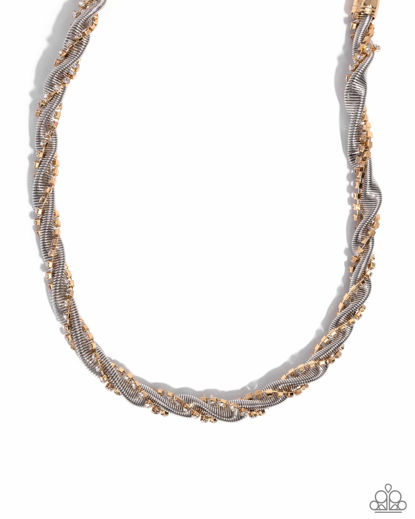 Candid Coils - Multi Silver Snake Chain, White Rhinestone Gold Box Chain Twist Necklace Paparazzi N2502