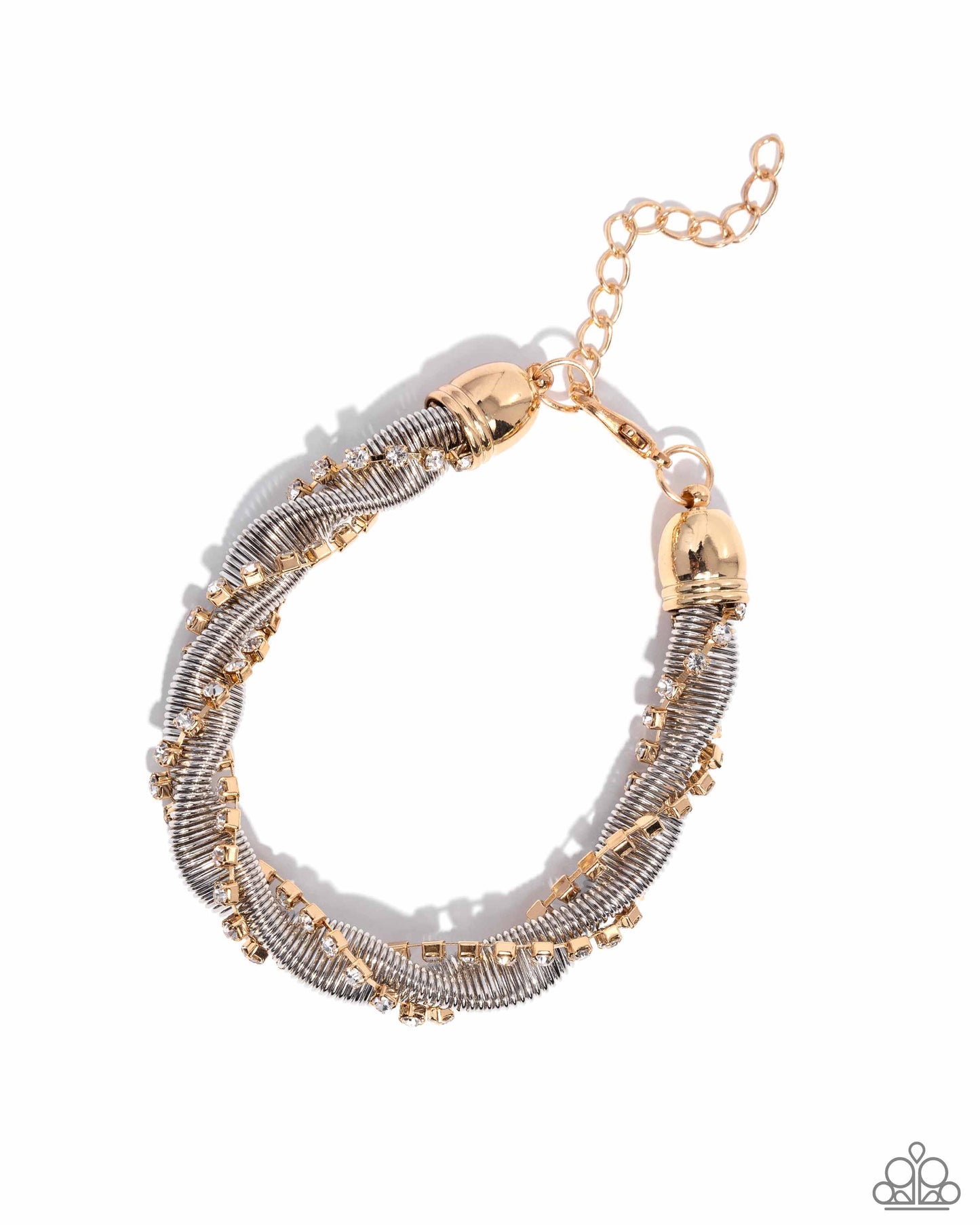 Coiled Champion - Multi Silver Snake Chain, Gold Box Chain & White Rhinestone Twist Bracelet Paparazzi B1793