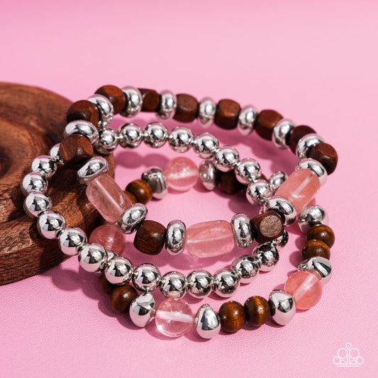 DIVERSIFIED Wood - Pink Glassy Stone, Wooden, Silver Bead Stretch Bracelets Paparazzi