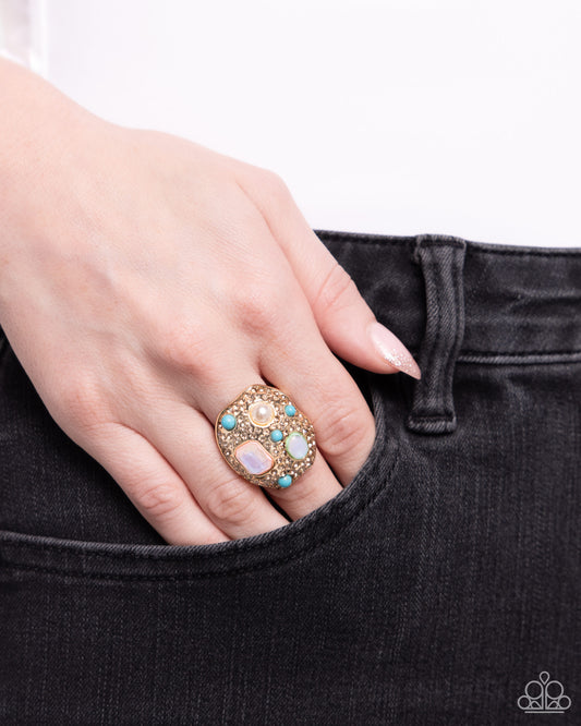 Active Artistry - Gold, Topaz Rhinestone, Turquoise Bead & Pink Iridescent Gem Ring Paparazzi R0691