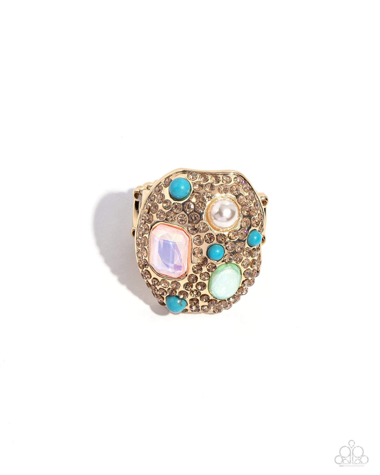 Active Artistry - Gold, Topaz Rhinestone, Turquoise Bead & Pink Iridescent Gem Ring Paparazzi R0691