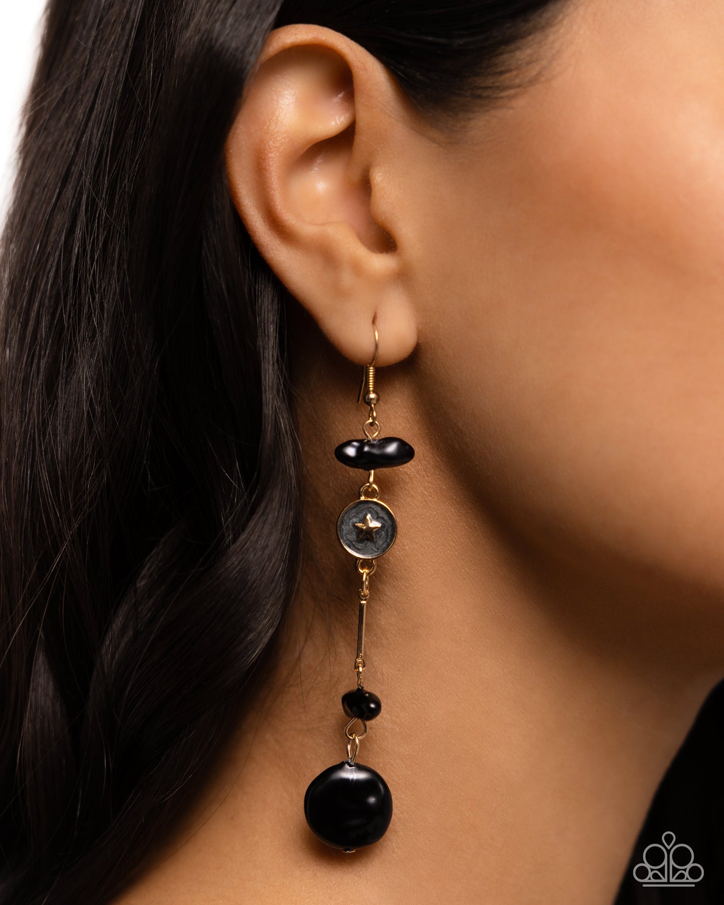 Blissful Balance - Black Pearl, Gold Painted Moon & Star Earring Paparazzi E2280