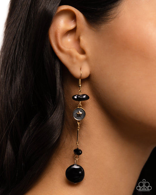 Blissful Balance - Black Pearl, Gold Painted Moon & Star Earring Paparazzi E2280