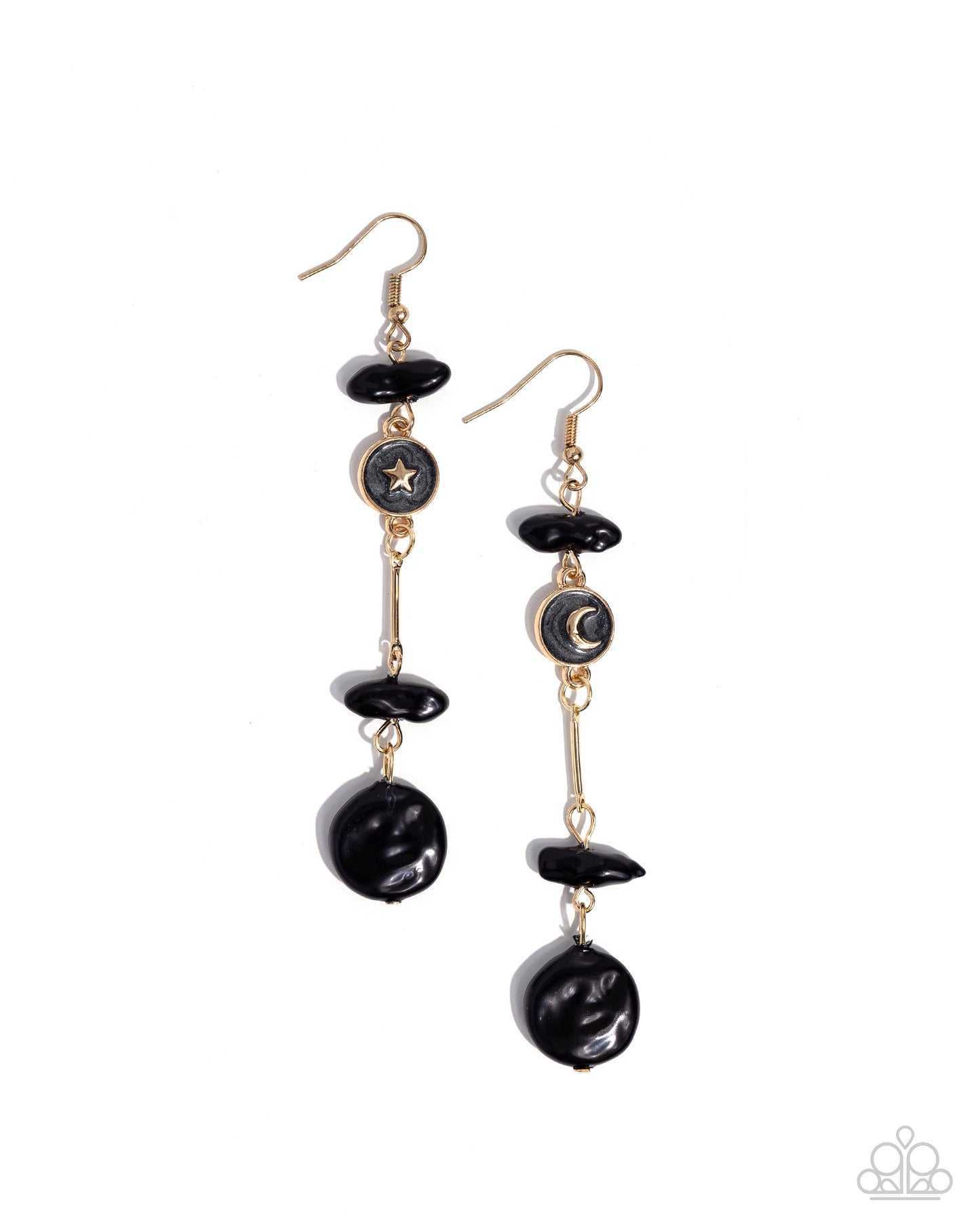 Blissful Balance - Black Pearl, Gold Painted Moon & Star Earring Paparazzi E2280