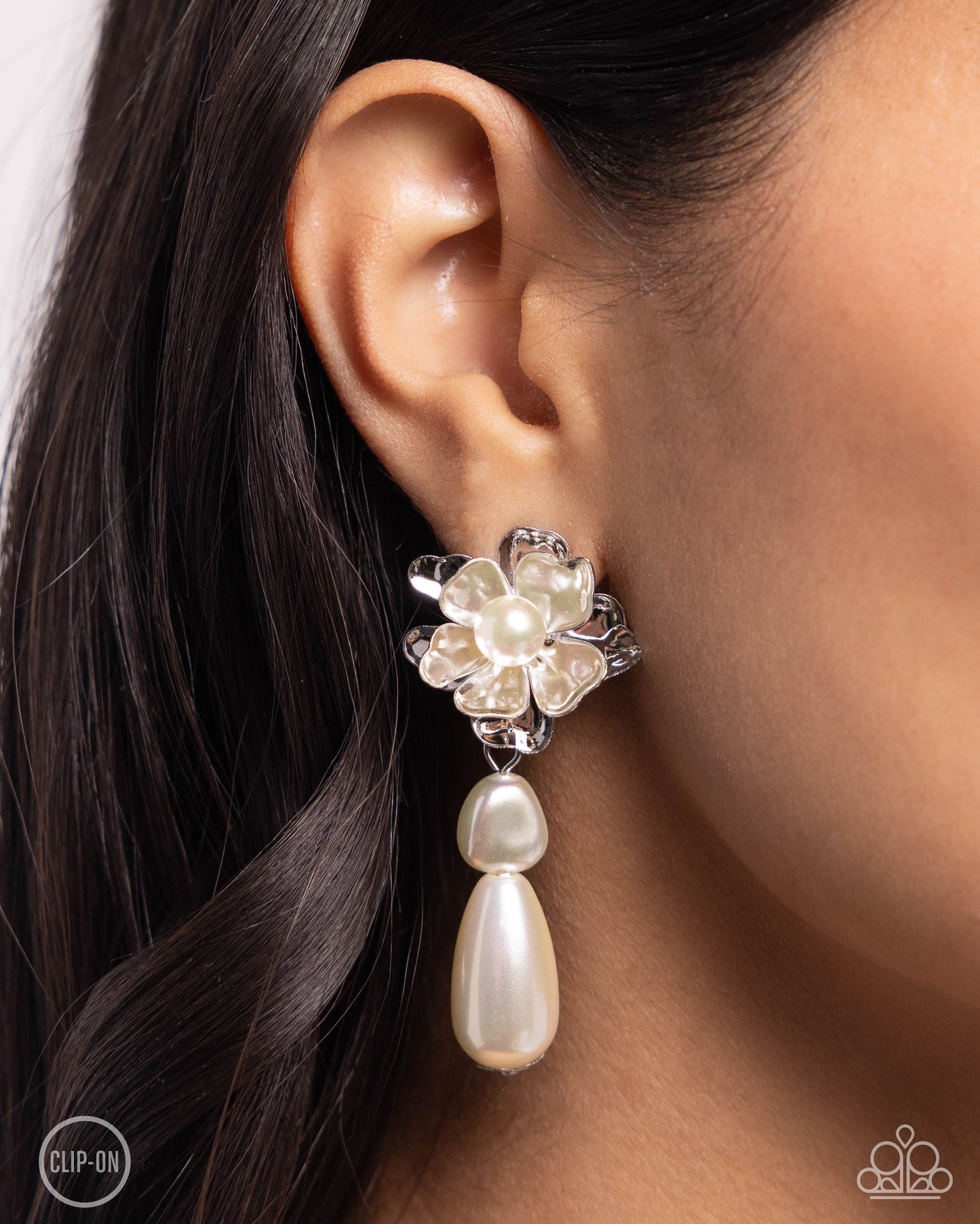 Esteemed Elite - White Apple Blossom Flower White Baroque Pearl Clip-On Earring Paparazzi E2258