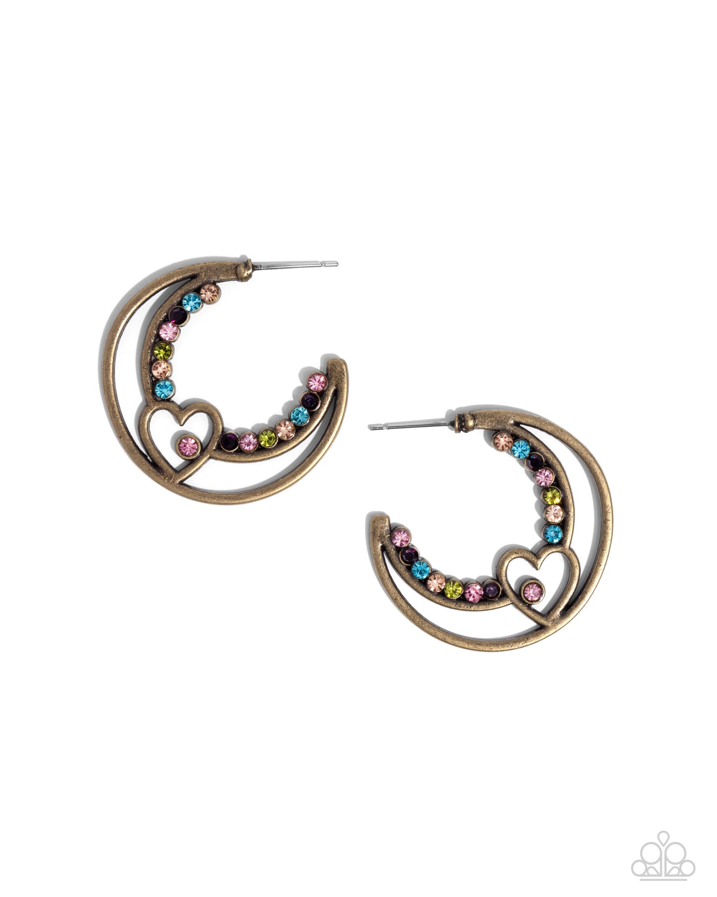 Sympathetic Sweetheart - Brass Heart & Multicolored Rhinestone 1 1/4 Inch Hoop Earring Paparazzi E2300