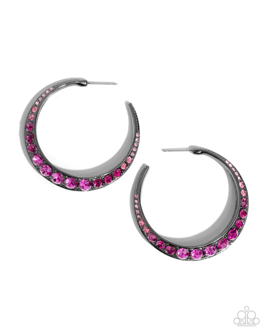 Embedded Edge - Pink Multicolored Ombre' Rhinestone Gunmetal 1 3/4 Inch Hoop Earring Paparazzi E2418