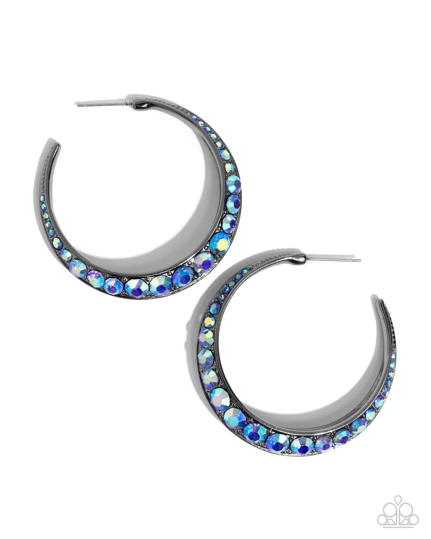 Embedded Edge - Blue Sapphire Iridescent Rhinestone Gunmetal 1 3/4 Inch Hoop Earring Paparazzi E2254