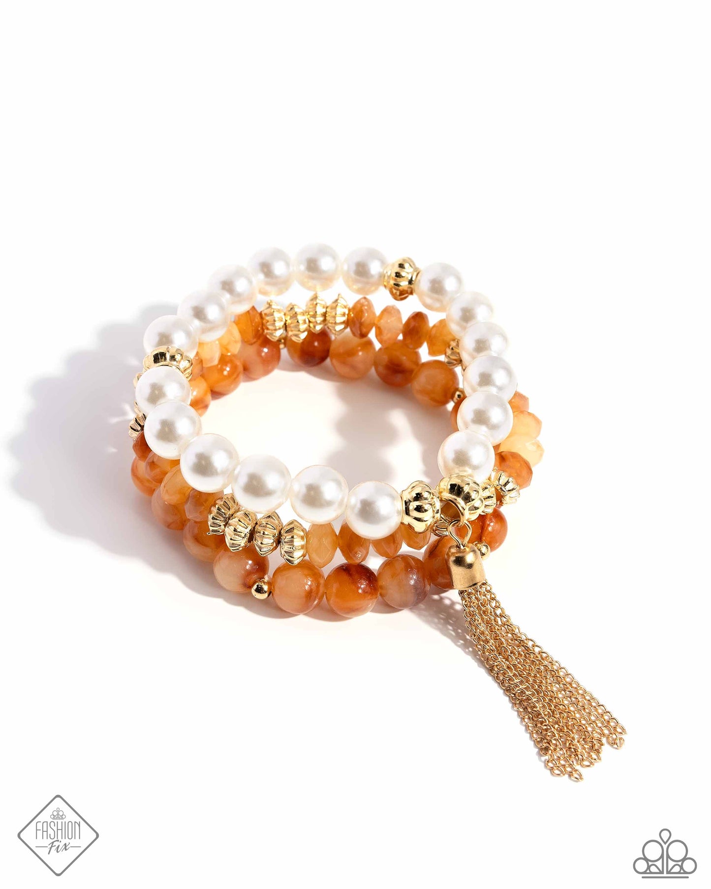 Marbled Mirage - Orange Marbled Bead & White Pearl Stretch 5th Avenue Bracelet Set Fashion Fix June 2024 Paparazzi