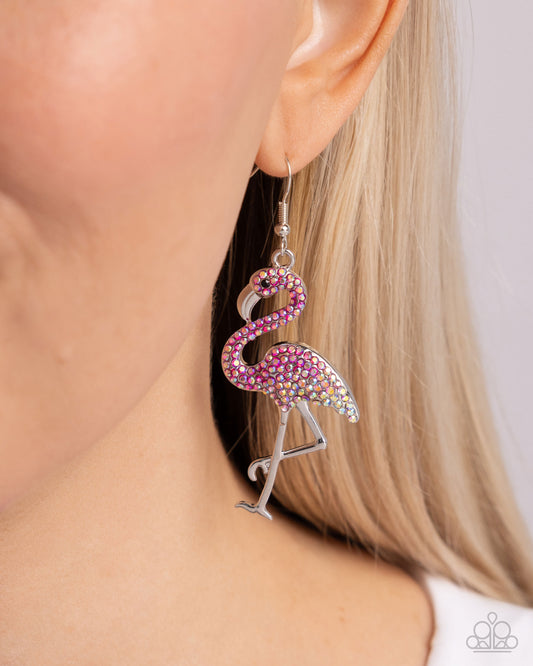 Flamingo Flourish - Pink & Pink Iridescent Rhinestone Silver Flamingo Earring Paparazzi E2738
