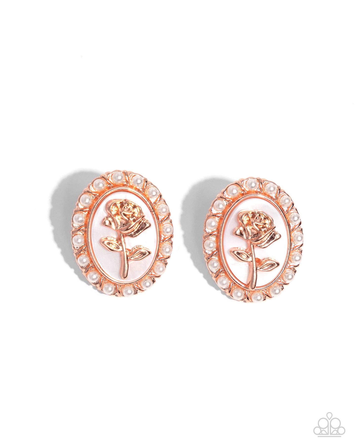 Rosy Relic - Copper - Shiny Copper Rose & White Shell Backdrop Earring Paparazzi E2288