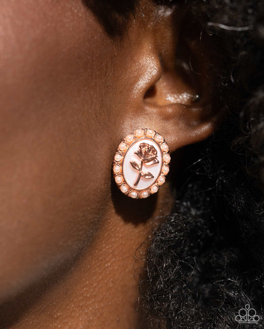 Rosy Relic - Copper - Shiny Copper Rose & White Shell Backdrop Earring Paparazzi E2288