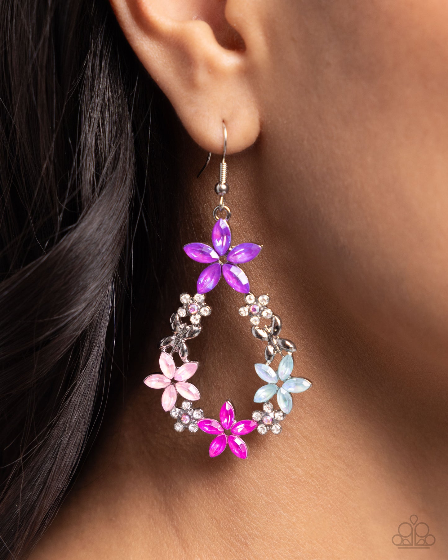 FAIRY Beautiful - Pink, Blue Flowers & Silver Butterfly Earring Paparazzi E2126