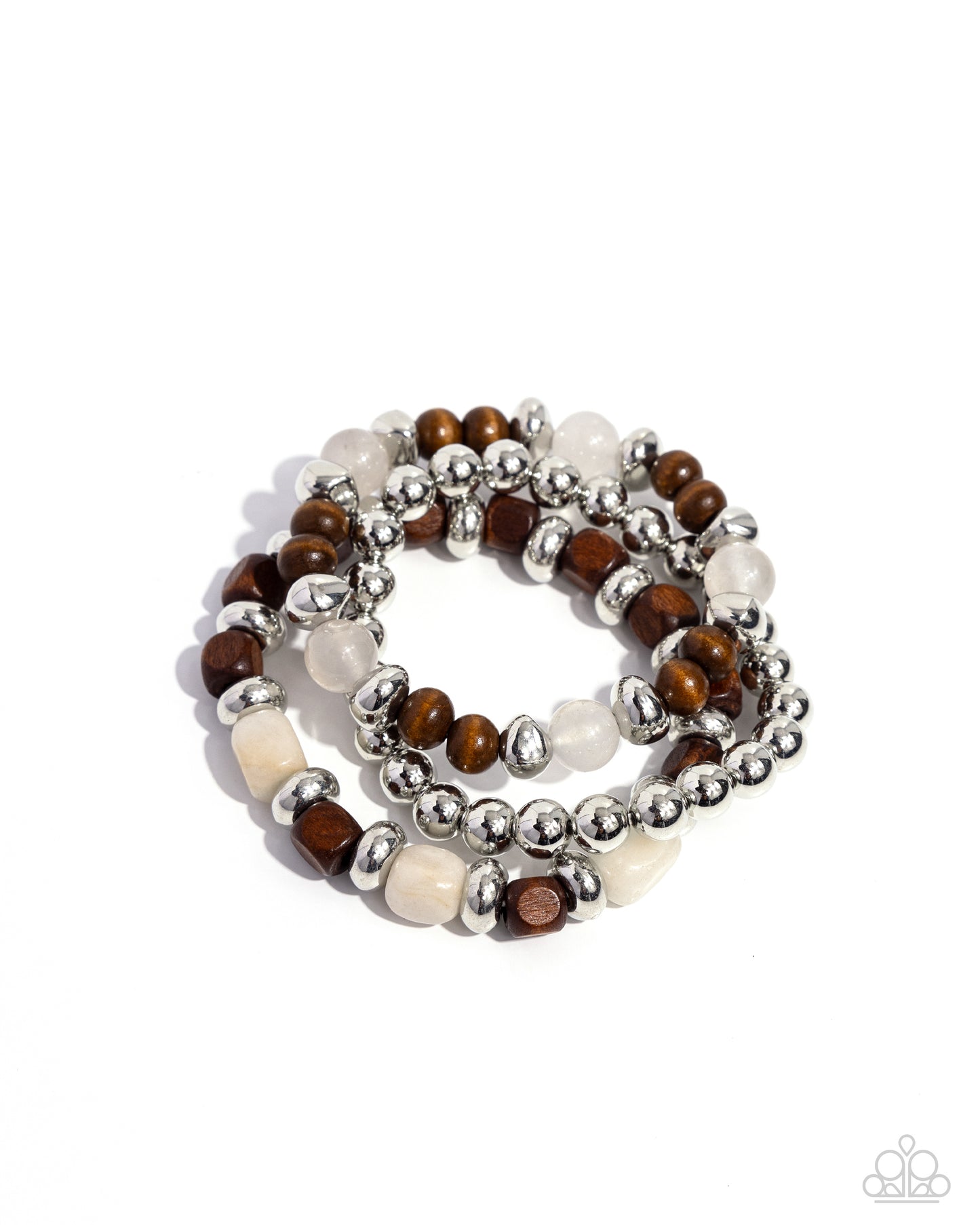 DIVERSIFIED Wood - Silver, Wooden, Glassy Ivory Stone Bead Stretch Bracelet Set of 3 Paparazzi B1821