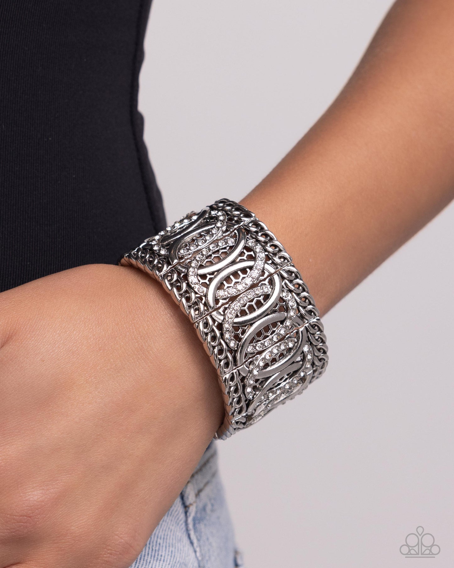 Forged Fashion - White Rhinestone Encrusted Stretch Bracelet Paparazzi B1689