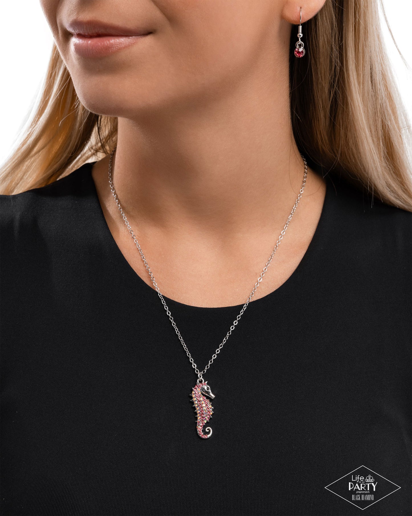 Seahorse Sailor - Pink Rose, Iridescent & Black Rhinestone Silver Seahorse Life Of The Party Black Diamond Encore Necklace Paparazzi N2979