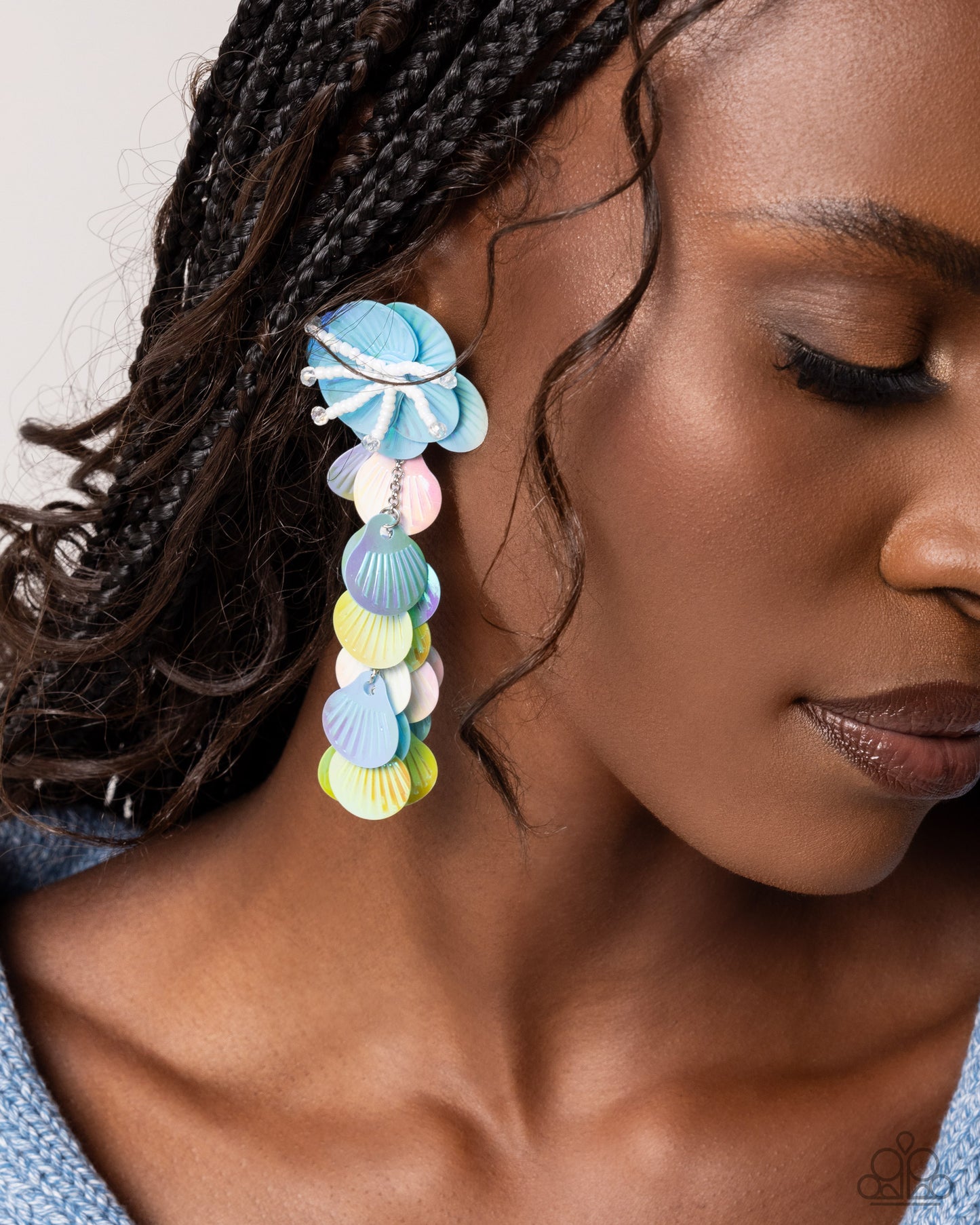 Under the Waves - Blue, Light Turquoise, Green, White Iridescent Hue Sequin Flower Earring Paparazzi E2149