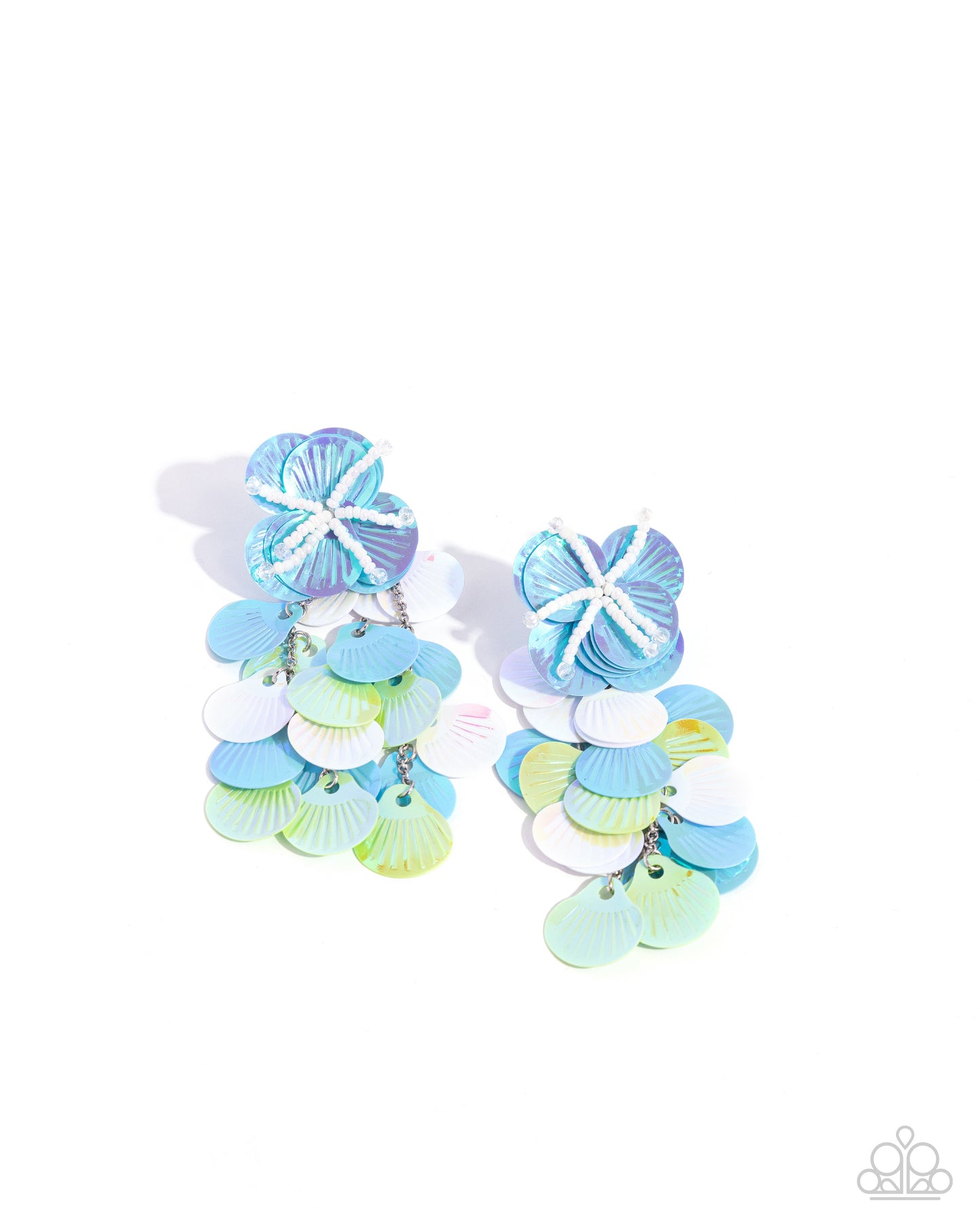 Under the Waves - Blue, Light Turquoise, Green, White Iridescent Hue Sequin Flower Earring Paparazzi E2149