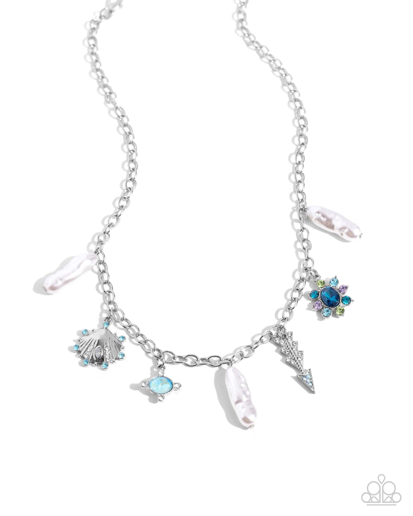 Paparazzi Broaching Beauty - Blue Aquamarine Iridescent Silver Arrow, Seashell, Flower Charm Style Necklace