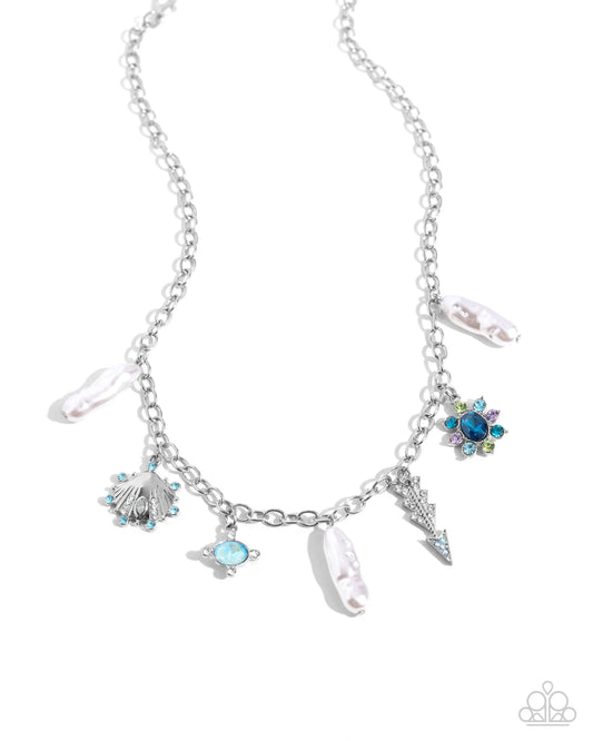Paparazzi Broaching Beauty - Blue Aquamarine Iridescent Silver Arrow, Seashell, Flower Charm Style Necklace