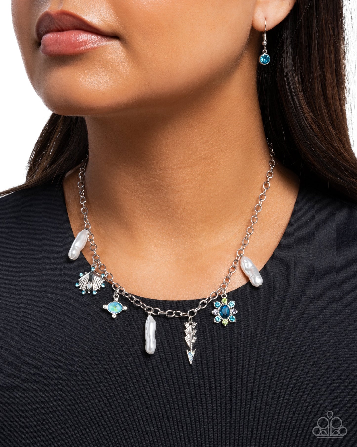 Paparazzi Broaching Beauty - Blue Aquamarine Iridescent Silver Arrow, Seashell, Flower Charm Style Necklace