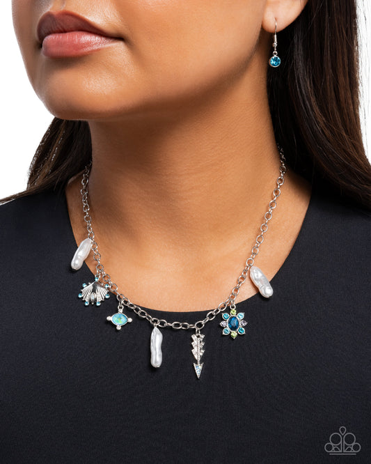 Paparazzi Broaching Beauty - Blue Aquamarine Iridescent Silver Arrow, Seashell, Flower Charm Style Necklace