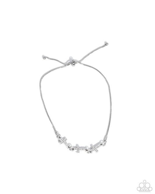 Paparazzi Holy Order - White Rhinestone Silver Cross Sliding Bead Closure Bracelet B2713