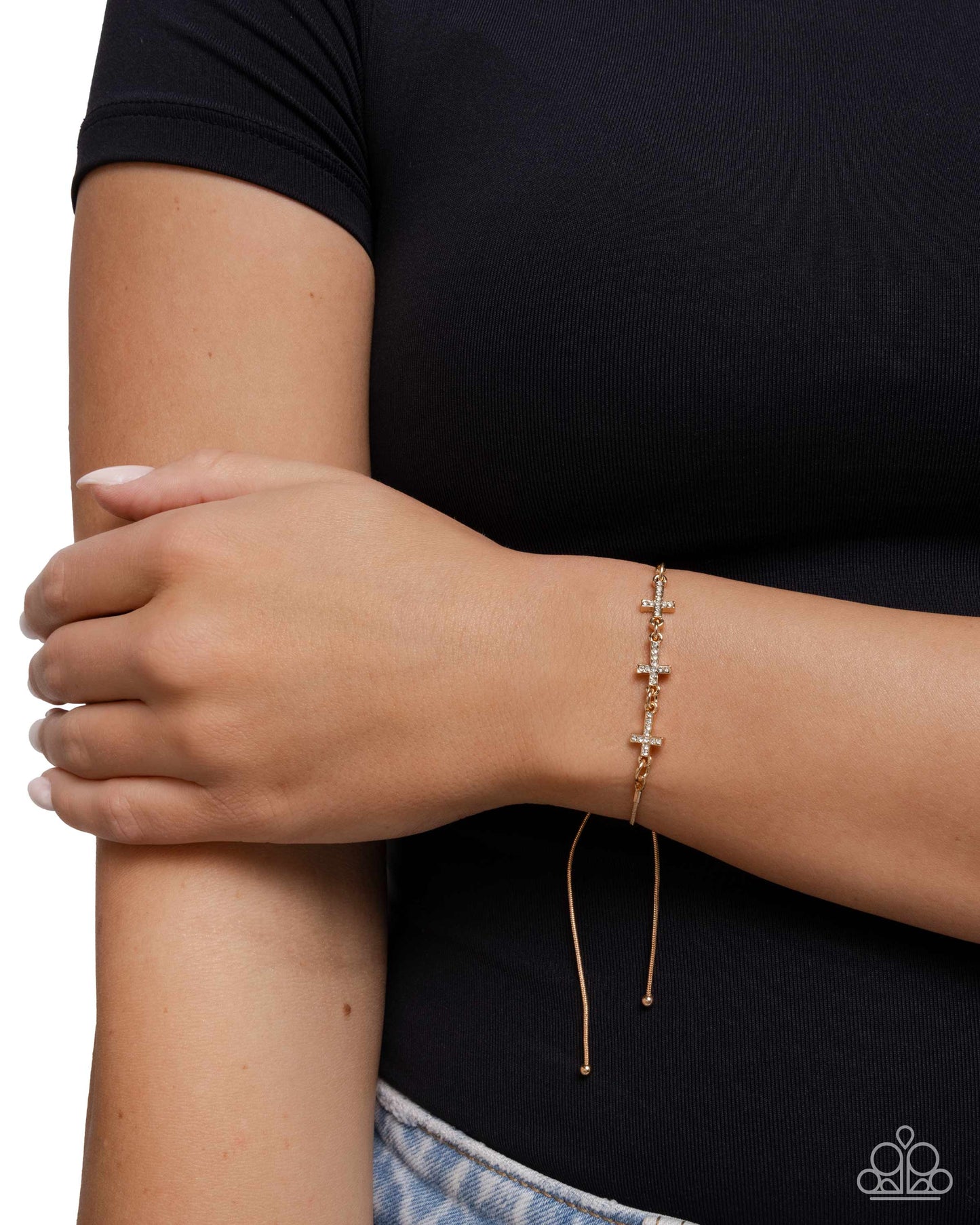 Holy Order - Gold & White Rhinestone Cross Sliding Bead Closure Bracelet Paparazzi B2297