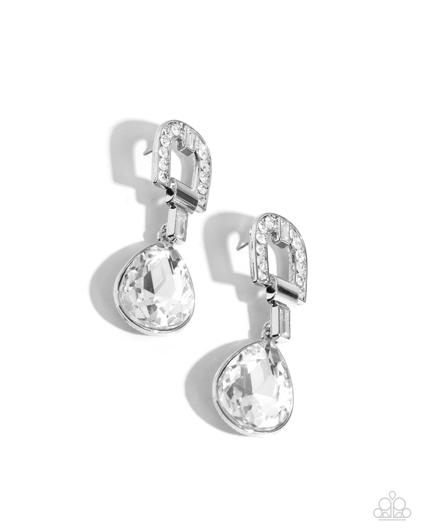 In ARCHING Order - White Rhinestone & Solitaire Teardrop Gem Post Back Earring Paparazzi E2073