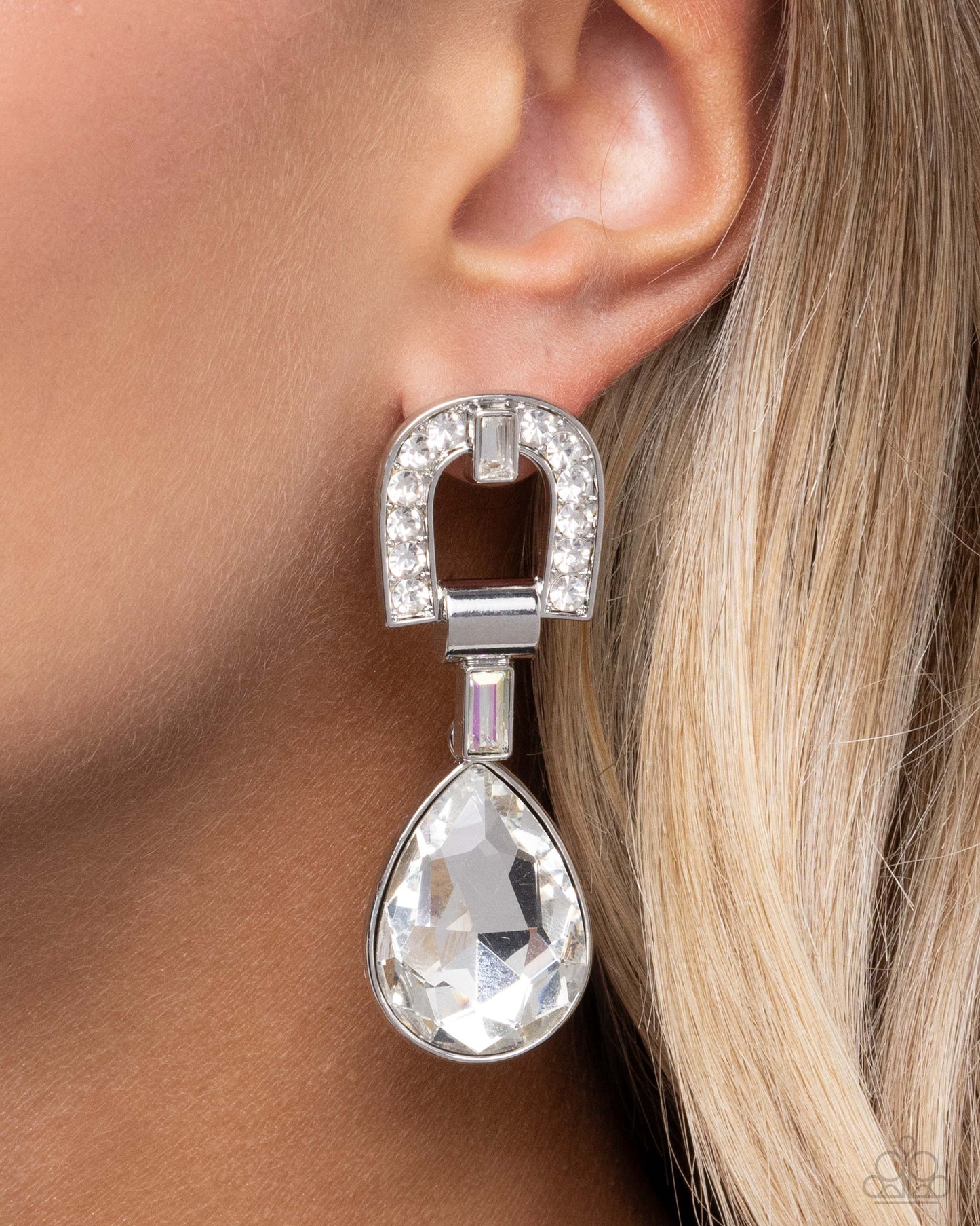 In ARCHING Order - White Rhinestone & Solitaire Teardrop Gem Post Back Earring Paparazzi E2073